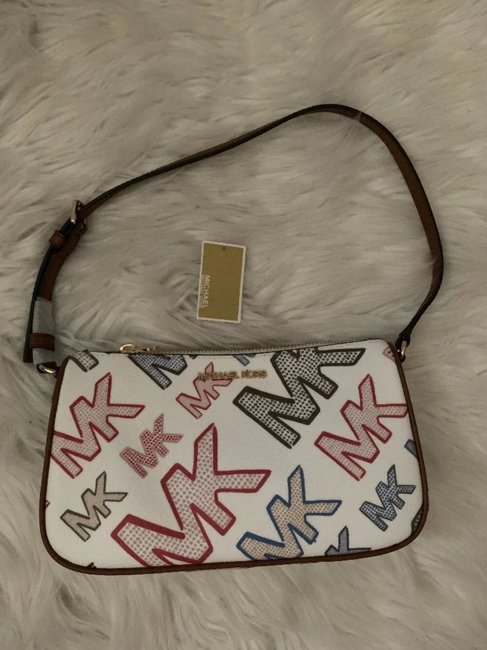 MICHAEL KORS Signature Logo Medium Pouchette in Optic White/Brown